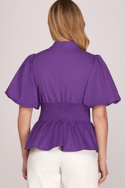 Zip Smocking Puff Sleeve Top