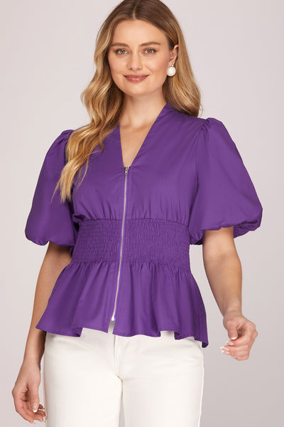 Zip Smocking Puff Sleeve Top