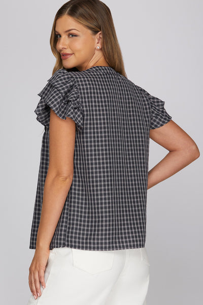 Gingham Pintuck Ruffle Top