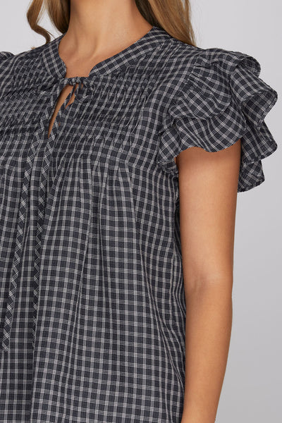 Gingham Pintuck Ruffle Top