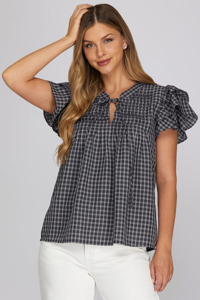 Gingham Pintuck Ruffle Top