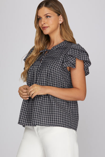 Gingham Pintuck Ruffle Top