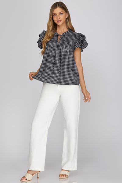 Gingham Pintuck Ruffle Top