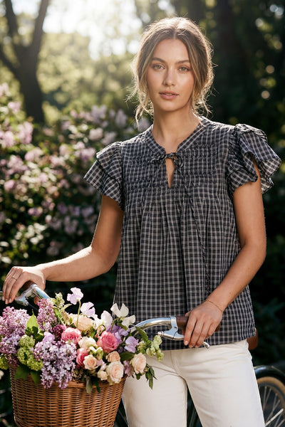 Gingham Pintuck Ruffle Top