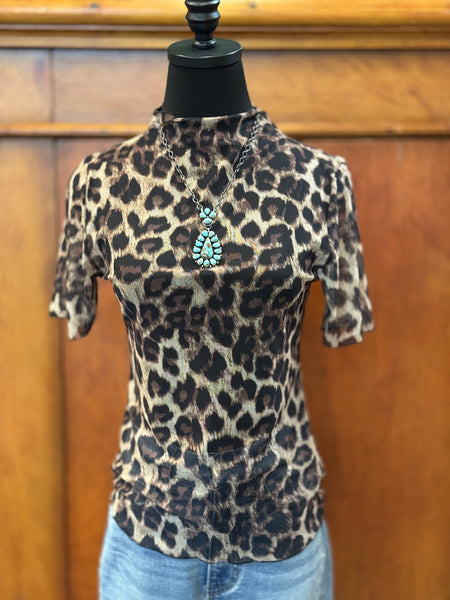 BiBi Leopard Mesh Short Sleeve Top