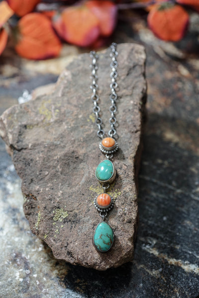 Turquoise & Orange Spiny Oyster Lariat Drop Necklace