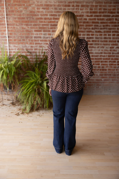 Polka Dot High Neck Shirred Blouse