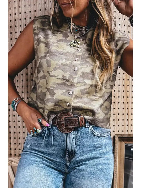 Girlie Camo Button Front Top