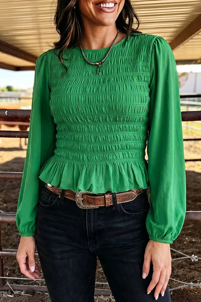 Smocked Ruffle Hem Long Sleeve Blouse