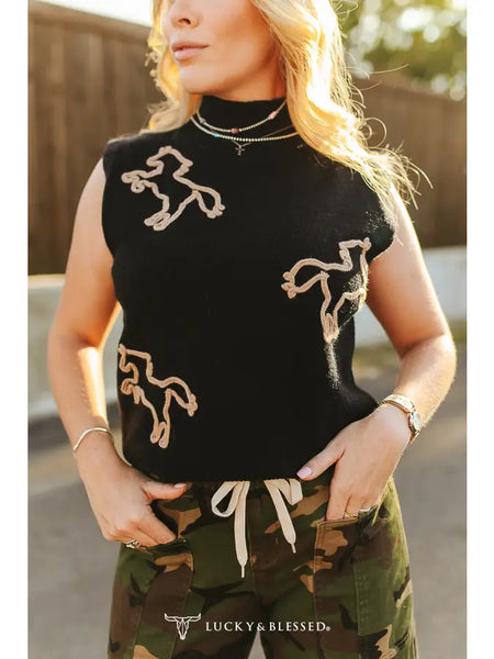 Horse Knit Contrast Sleeveless Sweater Vest