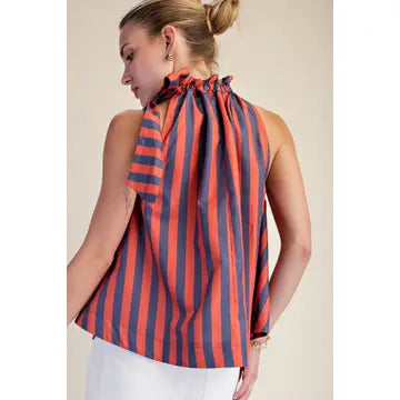 Ruffle Neck Tie Sleeveless Stripe Top