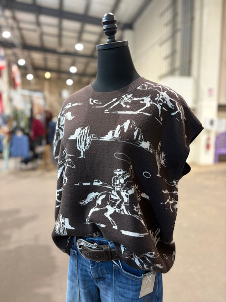 Cowboy Print Sleeveless Sweater