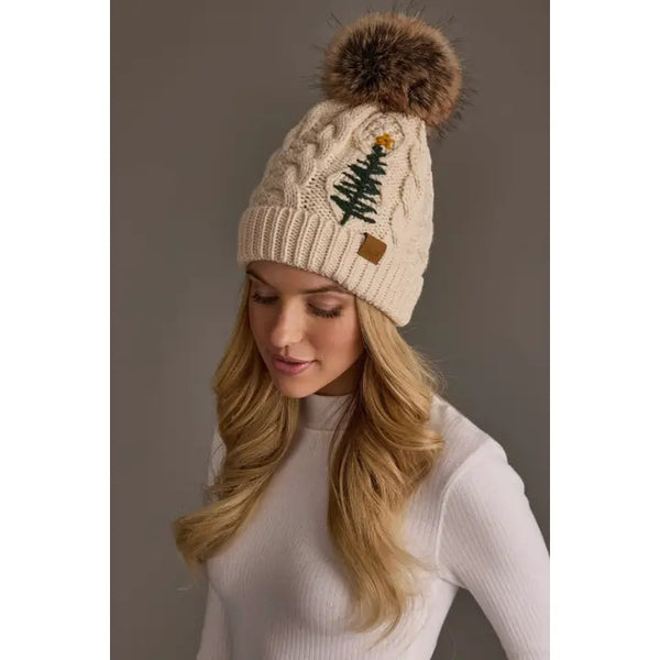Tree Pom Knit Hat in Cream