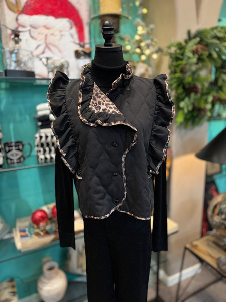 Umgee Leopard Trim Ruffle Vest