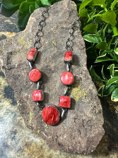7 Stone Orange Spiny Oyster Link Chain Necklace