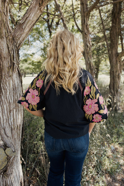 THML Embroidered Puff Sleeve Top