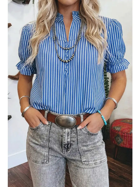 Striped Ruffle Trim Short Sleeve Top