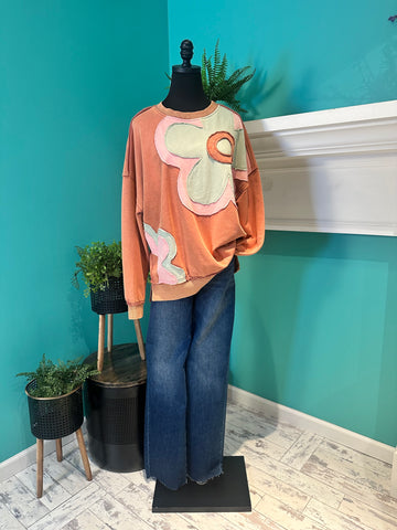 Easel Long Sleeve Flower Patch Top