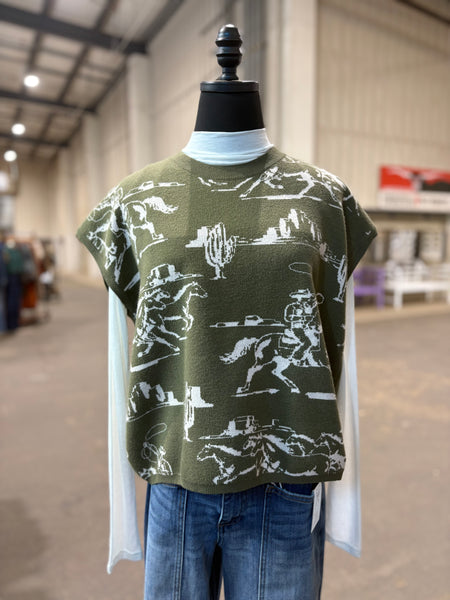 Cowboy Print Sleeveless Sweater