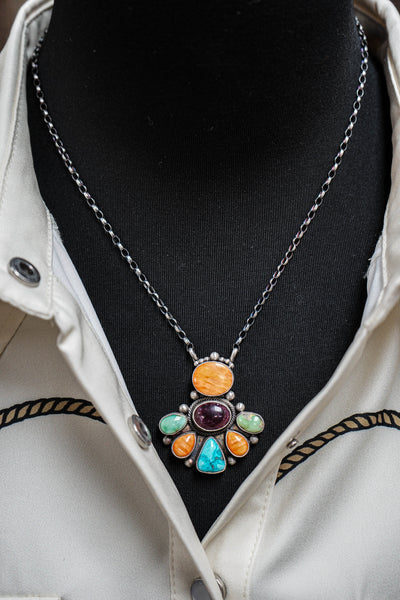 Multi Cluster Spiny Orange/Spiny Purple/Turquoise Necklace