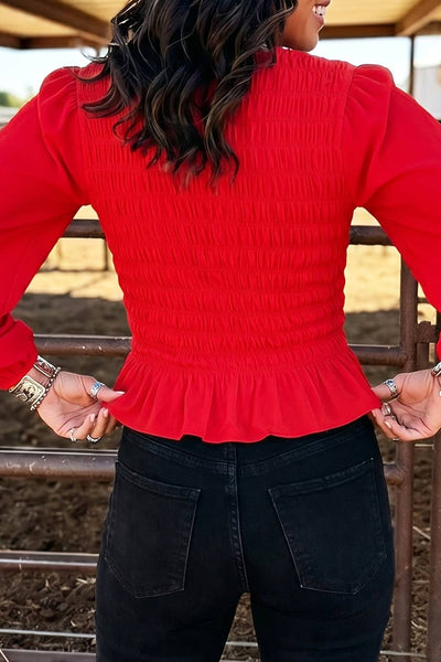 Smocked Ruffle Hem Long Sleeve Blouse