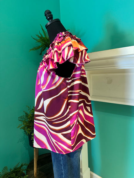Ruffle Neck Zebra Top