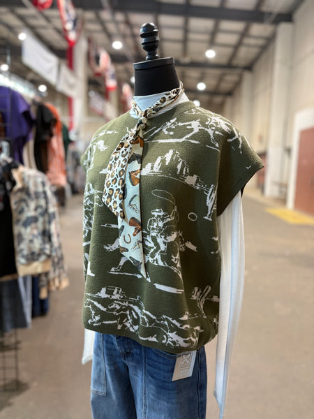 Cowboy Print Sleeveless Sweater