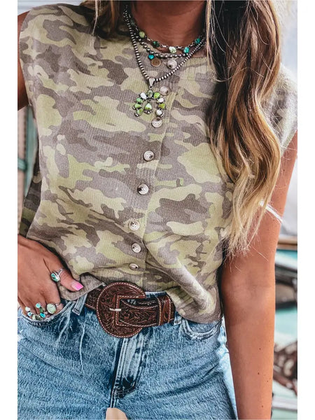 Girlie Camo Button Front Top