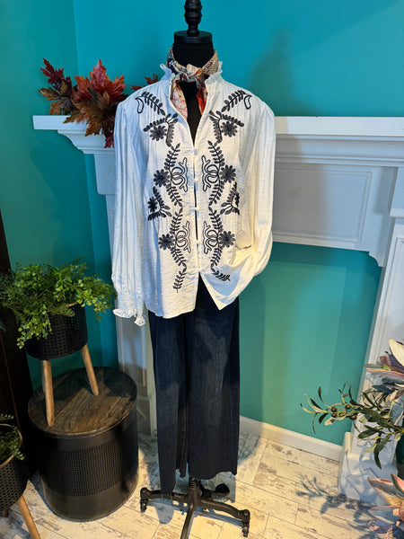 Rosa French Floral Embroidered Button Down Blouse