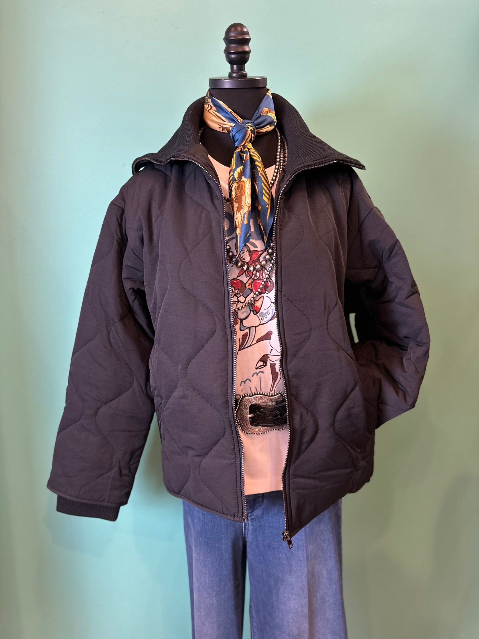 Hem & Thread Quilted Jacket with Rib Collar and Cuff