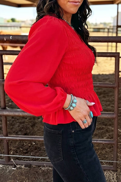 Smocked Ruffle Hem Long Sleeve Blouse