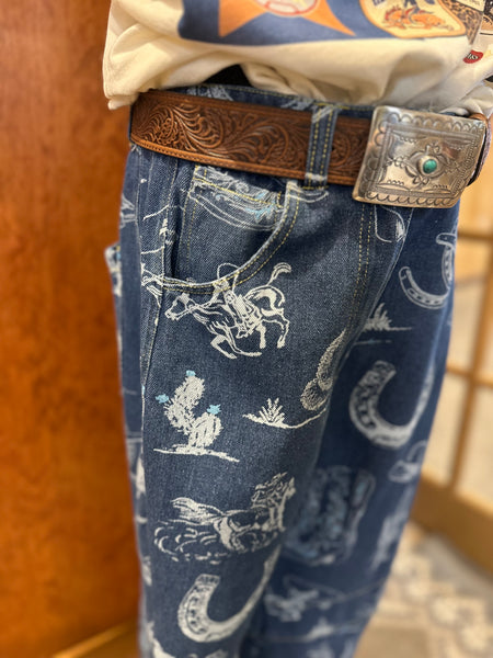 Western Print Barrel Jeans