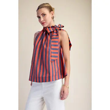 Ruffle Neck Tie Sleeveless Stripe Top