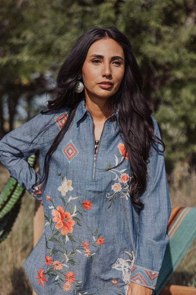 Johnny Was Denim Zip up Embroidered Tunic
