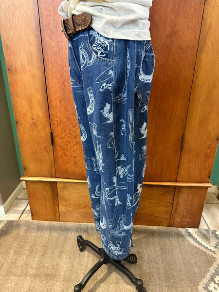 Western Print Barrel Jeans