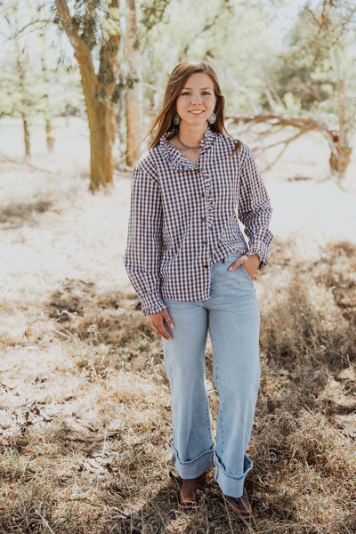 The Gingham Ruffle Blouse Coffee/White