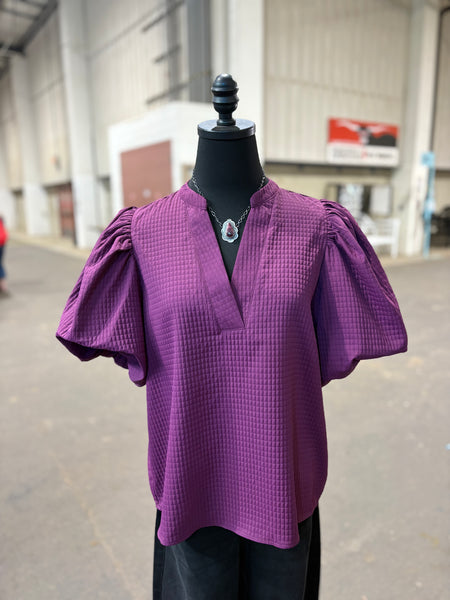 Balloon Sleeve Textured V-Neck Top