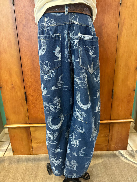 Western Print Barrel Jeans