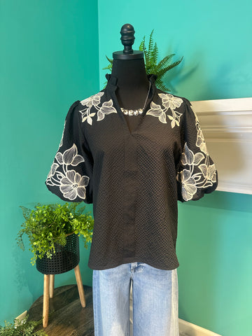 The Embroidery Puff Sleeve Textured Top