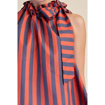 Ruffle Neck Tie Sleeveless Stripe Top