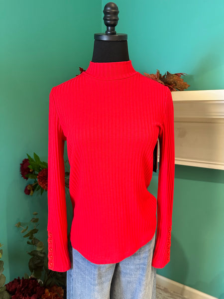 Liverpool Long Sleeve Mock Neck Knit Top W/ Button Detail