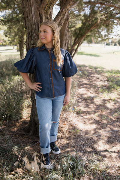 THML Denim Embroidery Trim Top