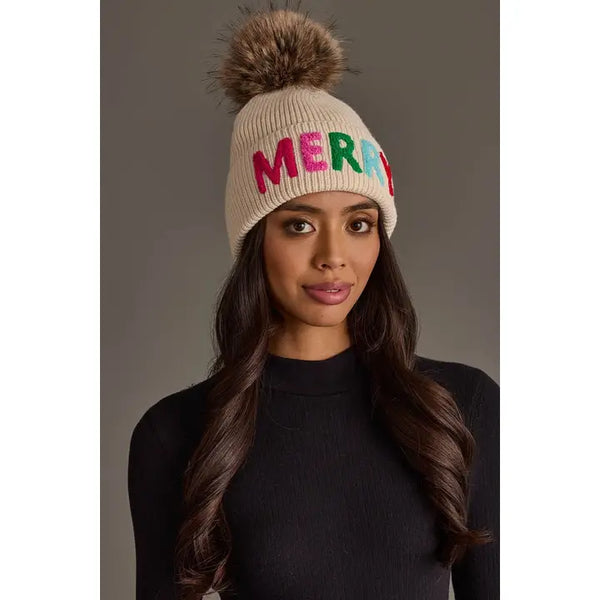 Merry Pom Knit Hat in Cream