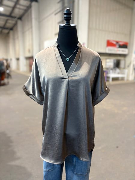 Satin V-Neck Placket Cuff Sleeve Top