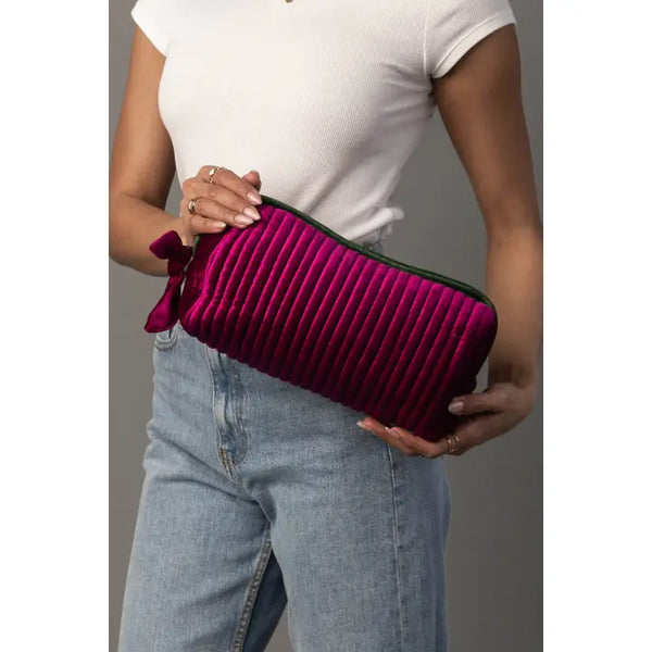 Velvet Ribbed Travel Pouch in Forest Green & Fuchsia