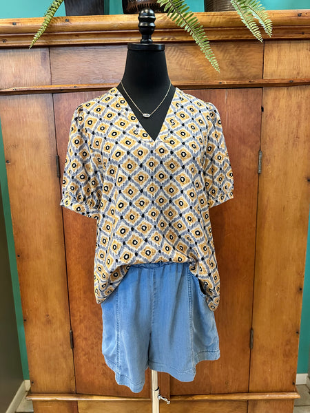 Ikat Print V-Neck Short Sleeve Top
