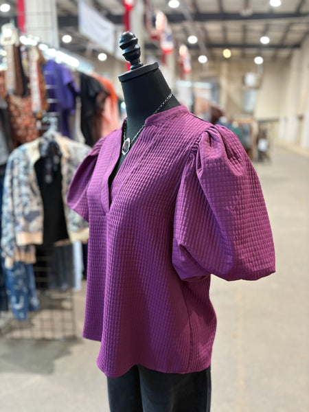 Balloon Sleeve Textured V-Neck Top