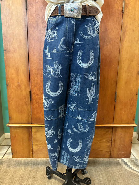 Western Print Barrel Jeans