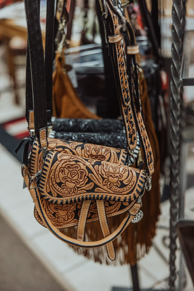 Double J Rose Tooled Saddle Handbag