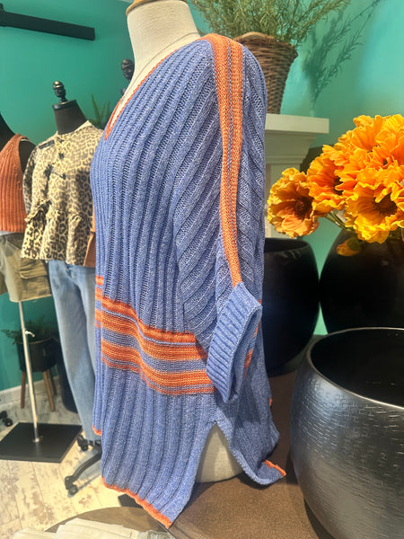 Easel V-Neck Ribbed Striped Sweater